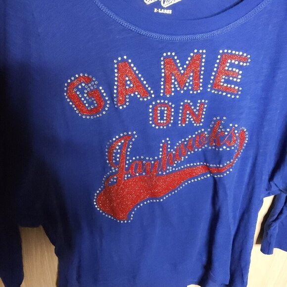 University Of Kansas E5 Blue Game On Shimmer Dolman Sleeve Wide Neck Top XL - Picture 3 of 8